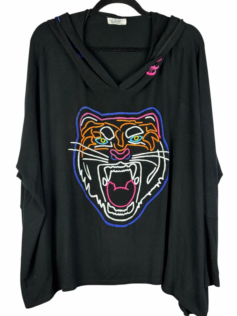 Lauren Moshi Black Neon Tiger Graphic Hooded Poncho Oversized Top XS/S